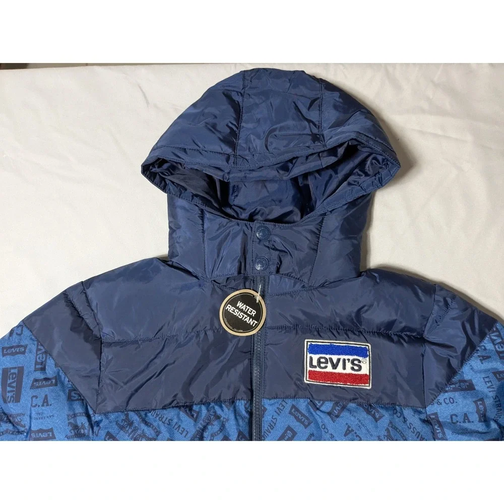 LEVIS Boys Large (12-13 Yrs) Blue Colorblock Zip Logo Hooded Puffer Jacket NEW‎